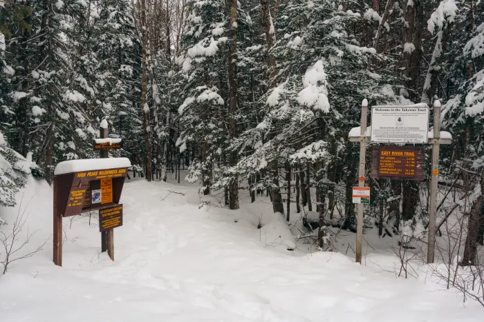 ​​High Peaks Wilderness trailhead during the winter.