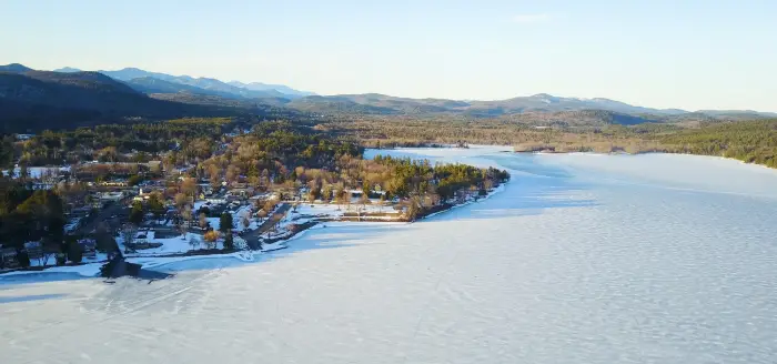 An aerial view of Schroon Lake in the winter.